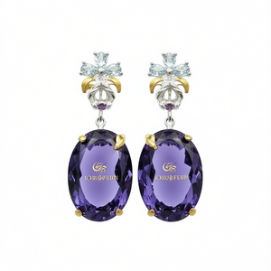 Pendientes de gota de amatista Iorofudn, plata 925, chapado en oro de 18 quilates, diseño de flores, joyería de lujo para fiesta para mujer - Product Image 1