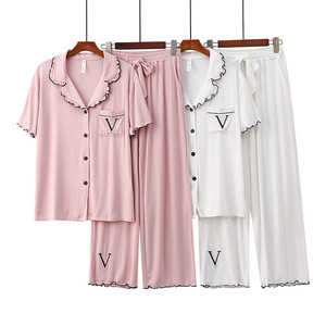 Ensemble de pyjama pour femme SUHE PJ-052 en modal doux à motif floral, 100% coton, taille élastique, manches longues, col en V, côtelé, décontracté, pour la maison, été - Product Image 1
