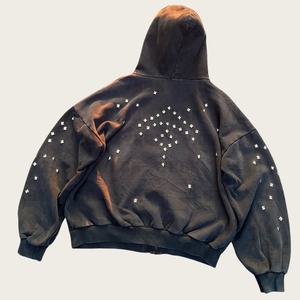 TKAN380 OEM Custom Streetwear Cropped Men Regular Fit Hoodie 100% Cotton French Terry Embroidered <b>Rhinestone</b> Zipper <b>Jacket</b> - Product Image 3