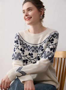 Suéter de Cachemira de Invierno para Mujer, Diseño Jacquard Fair Isle, Holgado, de Lana de Cachemira, con Logotipo Personalizado, Cuello Redondo - Product Image 4