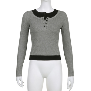 Camiseta de manga larga acanalada para mujer, camiseta con botones en la parte delantera y hombros descubiertos, estilo coreano para uso diario - Product Image 5