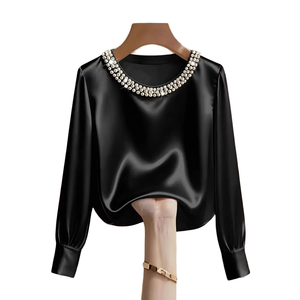 Blusa Elegante de Manga Larga para Mujer, Cuello Redondo, Satén, Color Sólido, Transpirable, con Perlas, Corte Regular - Product Image 1