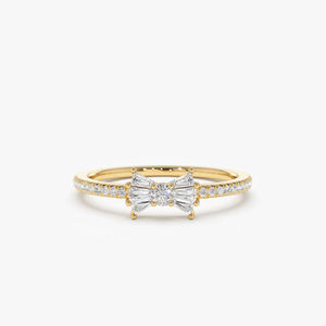 Anillo de Oro Rosa Sólido de 14k con Diamante Natural de 0.28 CT Certificado, Joyería Fina para Uso Diario, Diseño de Lazo Baguette, Bañado en Rodio, Moderno, ODM - Product Image 1