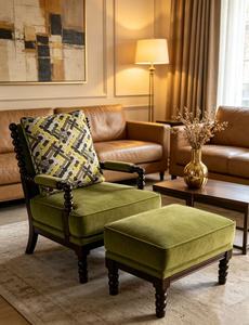 Ensemble fauteuil et ottoman en velours vert vintage, fauteuil d'appoint capitonné avec pieds en bois tourné - Product Image 3