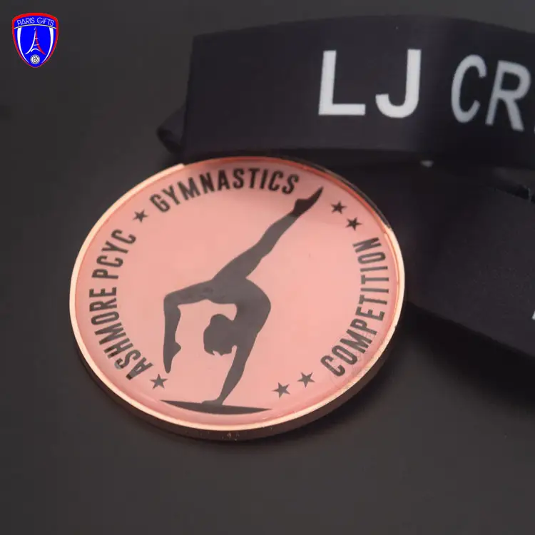 Medalla personalizada de oro rosa para estudio de baile, adhesivo epoxi de aleación de Zinc con cinta