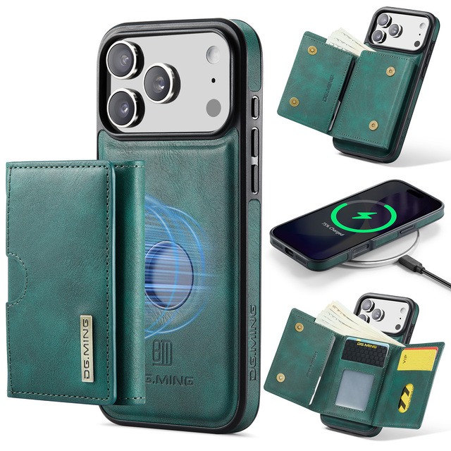 2 in 1 Magnetic Retro PU Leather Slim Large Wallet Case RFID Blocking Wireless Charging Phone Cover for iPhone 17 Pro 17 Pro Max