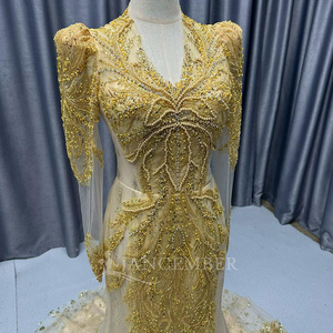 Lscm100 Luxury Gold Mermaid Evening Dress Heavy Beaded <b>Sequin</b> Applique Sheer Long Sleeve V Neck Formal Gown Jancember - Product Image 3