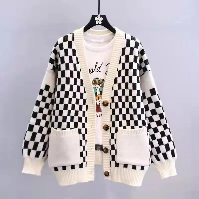 Checkerboard sweater coat women's autumn and winter knitted sweater 2022 new loose fashion loose knitted cardigan women
