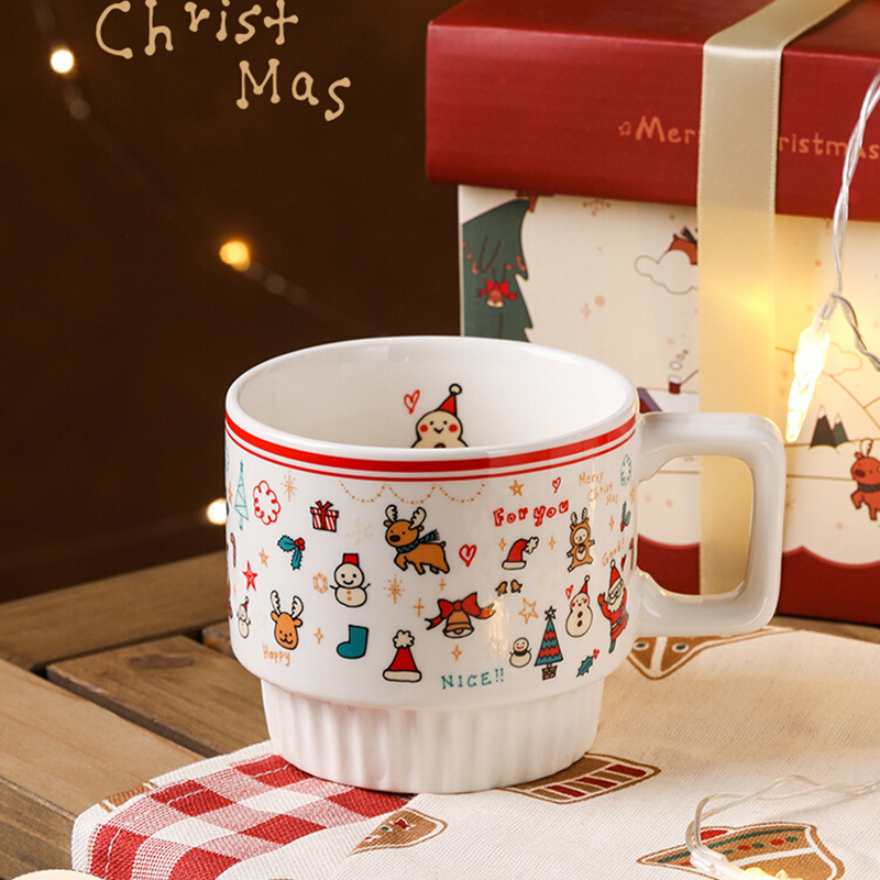 Usine en gros de haute qualité de noël de luxe dessin animé en céramique lait jus tasse enfants cadeau de noël tasses à café avec boîte-cadeau