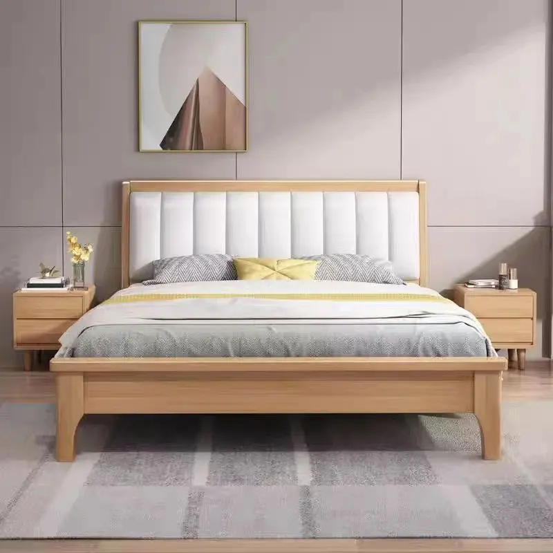 北欧のモダンな無垢材製造ダブルベッドカスタマイズ可能な色とサイズミニマリストソフトバッグ無垢材ベッド