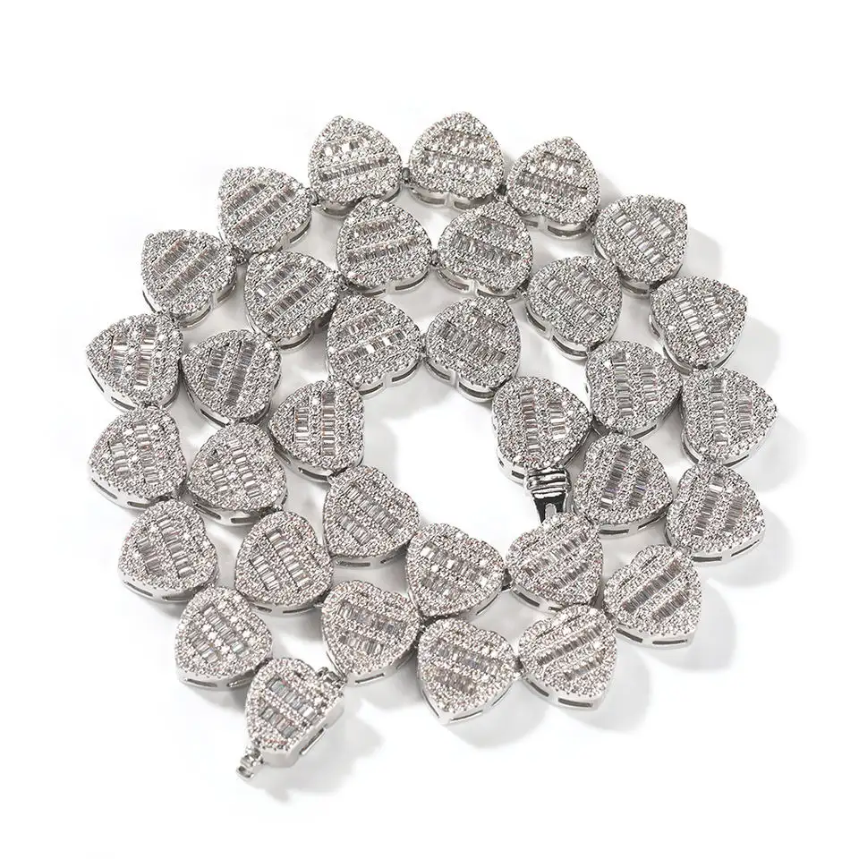 Hot Sale Herzform Diamant Halskette 12mm kubanische Glieder kette Baguette CZ Bling Halskette Neues Design Geschenk für Frauen Mann