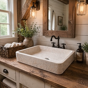 อ่างล้างมือแบบติดผนังหินธรรมชาติหรูหราจาก Poulars Wholesale รุ่น Anna Beige Marble Stone Basin - Product Image 1