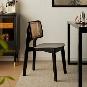 Vintage Rattan Dining Chair Solid Wood Backrest Black Wabi Sabi Style Designer Home Dining Room Chair - Product Image 1