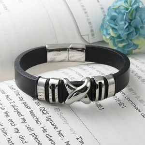 Black <b>Leather</b> <b>Bracelet</b> With Titanium Steel Bowknot Design Unisex Fashion Jewelry Gift 17022 - Product Image 4