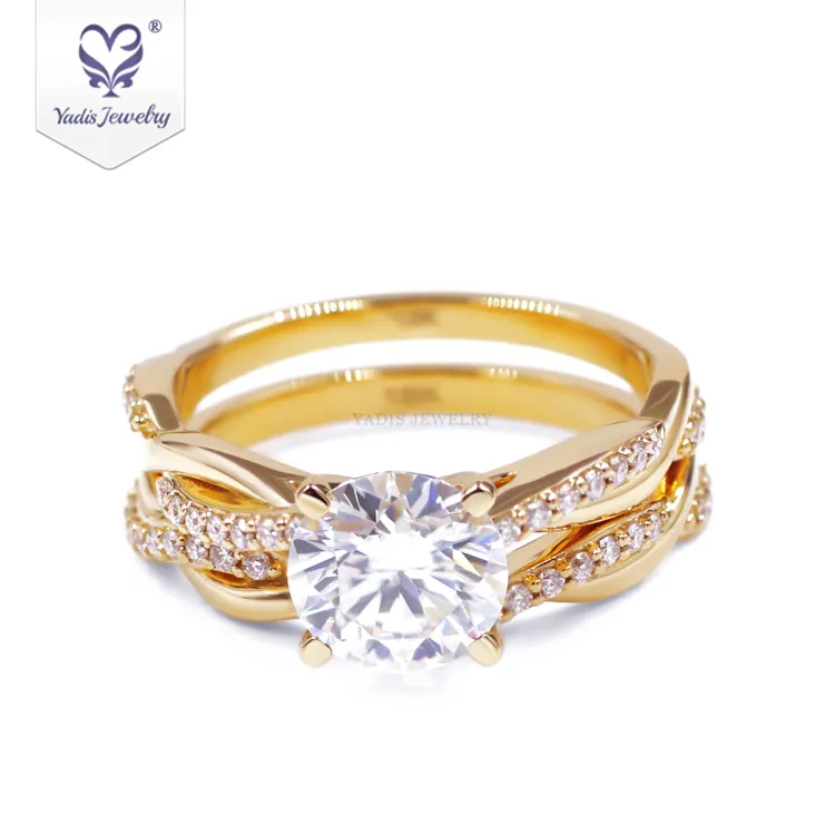 Yadis Cincin Pernikahan Moissanite Set Perhiasan Emas Kuning 14K 18K Kustom