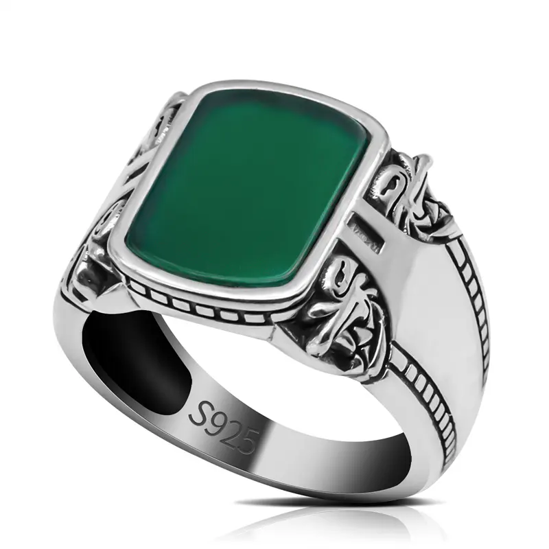 925 кольцо из стерлингового серебра, винтажное турецкое кольцо, натуральный зеленый агатовый камень, Арабские серебряные мужские кольца