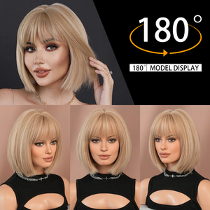Peluca Yaki Marrón <span class=keywords><strong>Rubio</strong></span> Estilo Bob con Flequillo, Peluca Corta de 12 Pulgadas, Cabello Sintético Natural, 150% de Densidad, Peluca Lisa en Capas para <span class=keywords><strong>Mujer</strong></span> - Product Image 4