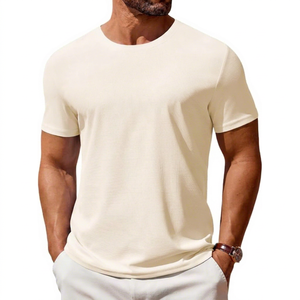 T-shirt pour homme, couleur crème, manches courtes, col rond, coupe ajustée, en coton tricoté, décontracté, respirant, design uni - Product Image 1