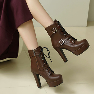 <b>Brown</b> Leather Ankle <b>Boots</b> Round Toe Platform <b>Lace</b>-Up Buckle High Heel Women's Autumn Fashion Drop Shipping - Product Image 3