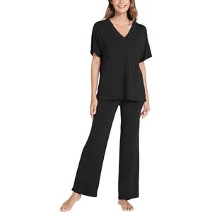 Conjunto de pijama de manga corta con cuello en V y bolsillos de viscosa de bambú para mujer, pijamas modales para mujer - Product Image 2