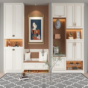 Modern Cream Entryway Shoe Cabinet with LED Light, <strong>Hallway</strong> <strong>Storage</strong> Cupboard with Coat Rack and <strong>Bench</strong> - Product Image 2