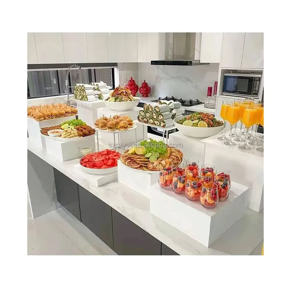 RAY YI Custom 4 Step rettangolo Clear Display Cube Food Table White acrilico Catering Buffet riser per Display alimentare nero