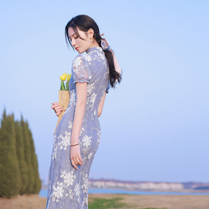 Diseño tradicional chino sentido nicho chica joven estilo <span class=keywords><strong>azul</strong></span> claro vestidos de encaje bordado encaje vestidos de novia <span class=keywords><strong>qipao</strong></span> mujeres fábrica - Product Image 4