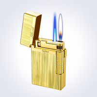 Briquet à cigares premium coupe-vent à double flamme au gaz butane rechargeable avec silex remplaçable et roue d'allumage latérale