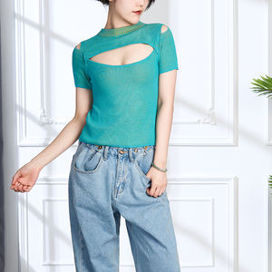 Top de punto de tela de punto de viscosa de verano 100% de manga corta hueco azul amarillo con cuello levantado pequeño para mujer - Product Image 4