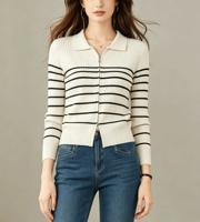 Pull en tricot rayé à fermeture éclair pour femme de bureau, veste cardigan en tricot côtelé à col polo et manches longues