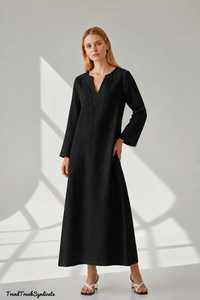 Black Linen Kaftan <b>Dress</b> V-neck A-Line <b>Belt</b> Maxi Cotton Lining Womens Flowing Beach Resort Vacation Wear B2B - Product Image 1