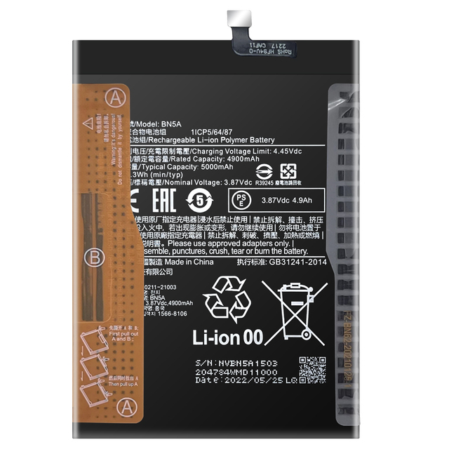 New Model BN5A Battery for Xiaomi Redmi Note 10 5g/poco M3 Pro 5g Replacement Phone Battery 5000mAh