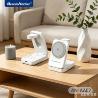 DREAMKACHER AN-AA02 Chargeur sans fil 3 en 1 15W PD 2.0 Câble magnétique pliable rétractable Multi-sorties pour écouteurs, montre, téléphone