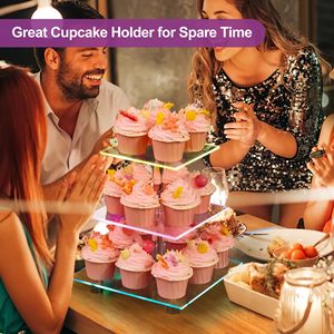 Fabrieksgroothandel 3-laags acryl cupcaketoren met oplaadbaar licht, transparante desserttafelstandaard voor bruiloft, afstuderen, Pasen - Product Image 4