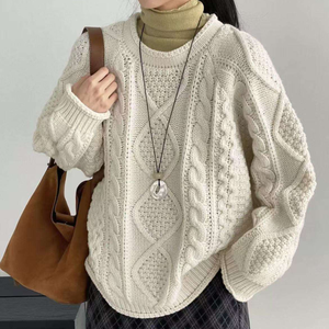 Pull d'hiver pour femmes, couleur unie, tricot torsadé, col rond, coupe ample, anti-rides - Product Image 5