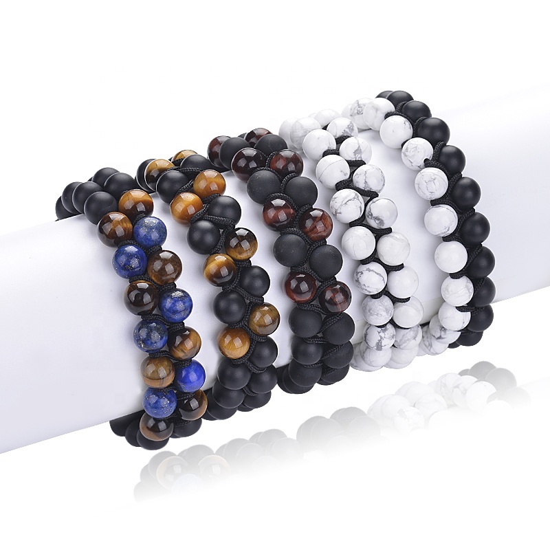 Double row natural stone 8mm handmade adjustable braided lava rock and magnetic hematite custom beaded mens bracelet