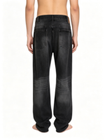 Jean en denim délavé à l'acide avec effet whisker, coupe droite ample, style streetwear, pour hommes, idéal pour la mode personnalisée et la vente en gros