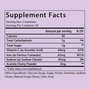 Complément alimentaire en gommes de fer OEM/ODM, vente chaude, pour femmes et hommes - 60 gommes végétaliennes avec vitamine C, saveur de raisin naturelle - Product Image 2