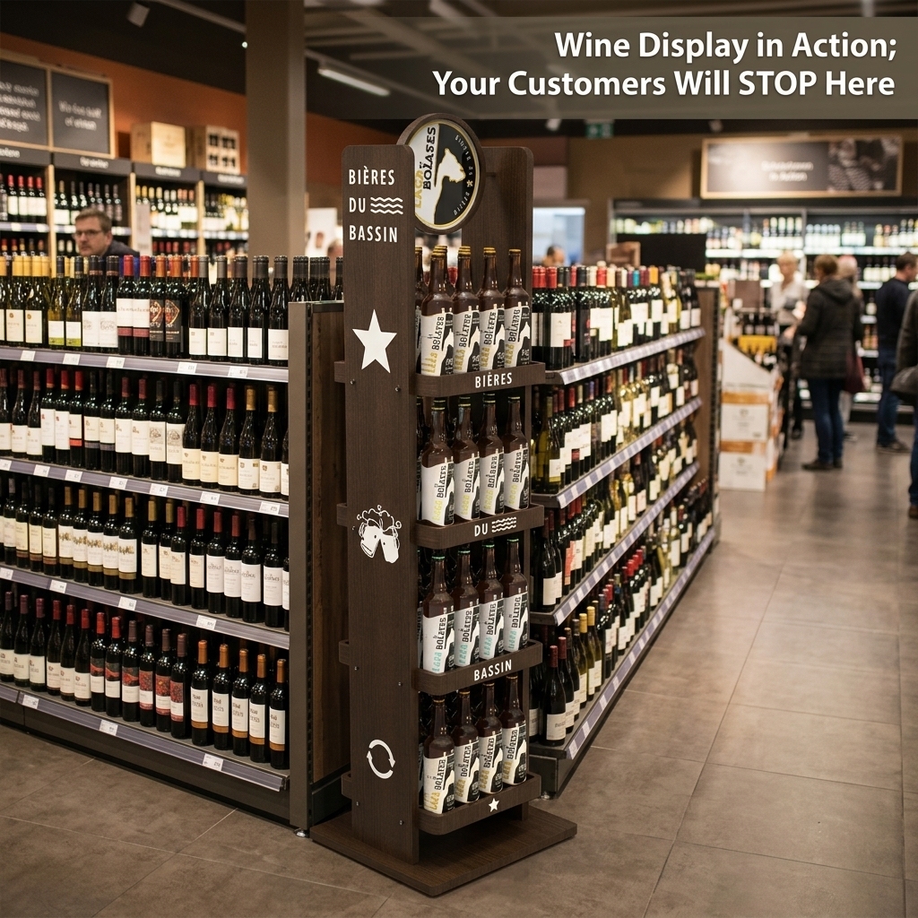 Custom Wine Display Racks 4-Tier Wood Liquor Merchandiser Knock Down Round Header Display Stand for Liquor Store & Supermarket — view 2