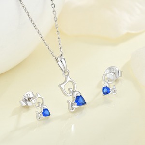 925 plata esterlina azul real <span class=keywords><strong>Zirconia</strong></span> sintética gato corazón colgante collar Stud pendientes conjunto joyería regalo para mujeres y niñas - Product Image 2