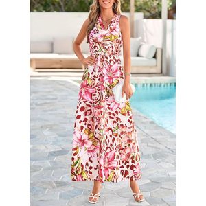 Robe florale pour femme, sans manches, col bénitier, longue, coupe trapèze, en mousseline, idéale pour les occasions formelles, les mariages ou l'été - Product Image 2