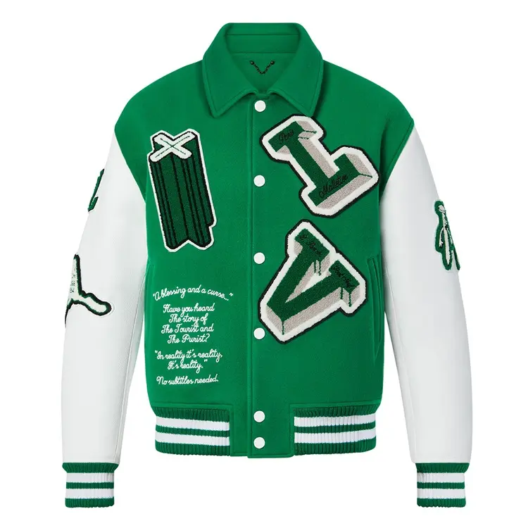 Men Custom Leather Jacket Chenille Embroidered Green Jacket Bomber Flying Baseball Letterman Varsity Jacket