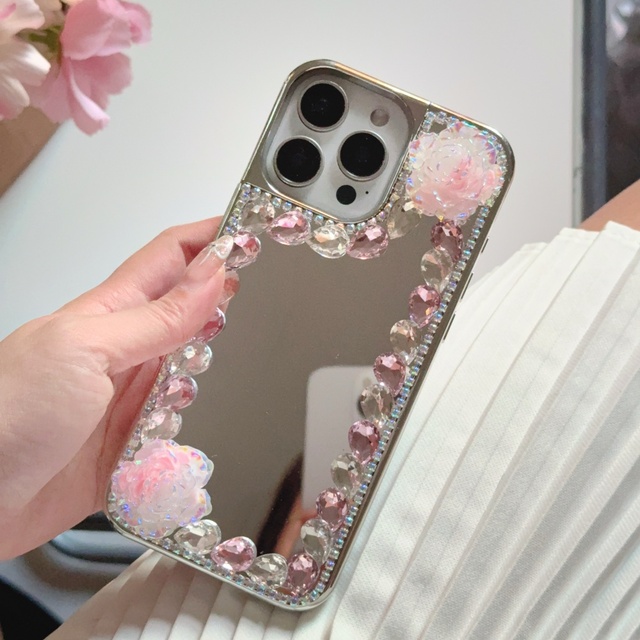 2025 Newest Crystal Rose Flower Mirror Shockproof Phone Case with Four Corner Protection for 16 Pro Max