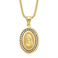 Collier personnalisé en acier inoxydable 316L avec pendentif Vierge Marie, médaillon ovale doré, serti de cristaux, collier religieux pour hommes et femmes