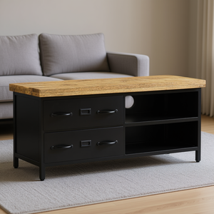 <b>Black</b> And Natural <b>Wood</b> <b>Tv</b> Cabinet With Storage Modern Industrial Design Floor Mount Living Room Furniture - Product Image 2