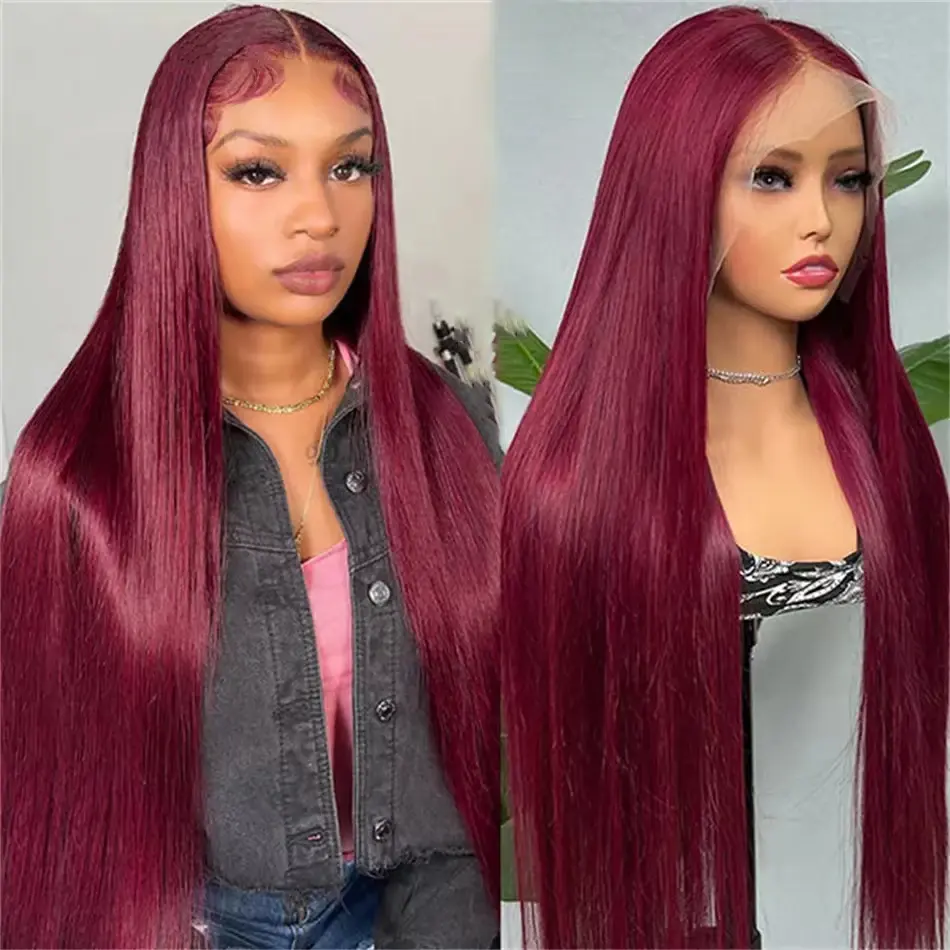 Wig Wigs Virgin Hair 99j Burgundy Lace Front Wig Bone Straight Human Hair Wigs Pre Plucked Colored Hd Transparent Lace Frontal Wig