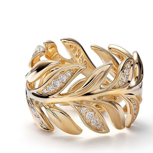 Creative <b>Gold</b> Plated Copper Vine Leaf <b>Ring</b> with Claw <b>Set</b> for Women Romantic Elegant Fashion Party Jewelry - Product Image 1