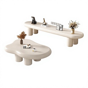 Tavolino da Caffè Moderno Minimalista in Stile Nordico, Forma di Nuvola Ondulata Bianco Crema, Piano in Vetro e Base in Legno per Soggiorno - Product Image 4