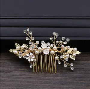 Golden leaf bride hair comb exquisite wedding dress accessories handmade flower bridal hair com