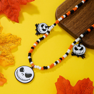 Collar de cuentas con diseño de calavera de calabaza de dibujos animados de Halloween, cadena de clavícula de varias capas, joyería para fiesta D1340-1 - Product Image 3